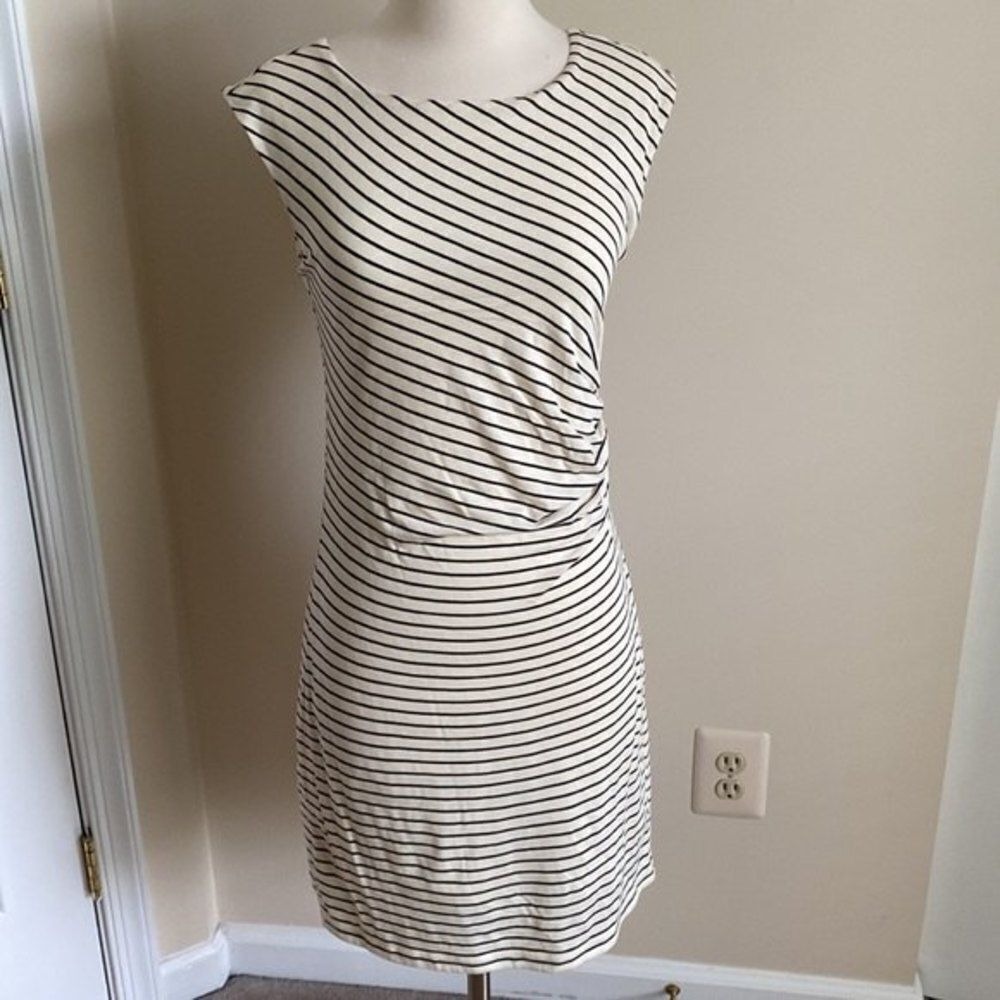 LOFT Petite Striped Ruched Sheath Dress SP Cream Black Cap‎ Sleeve Work Teacher